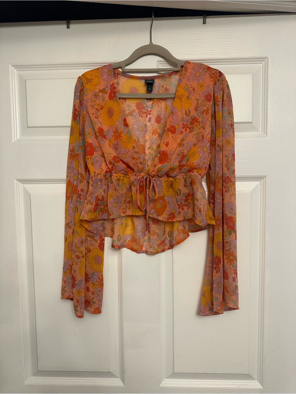wild fable Pink & Orange Floral Tie-Front Bell Sleeve Blouse